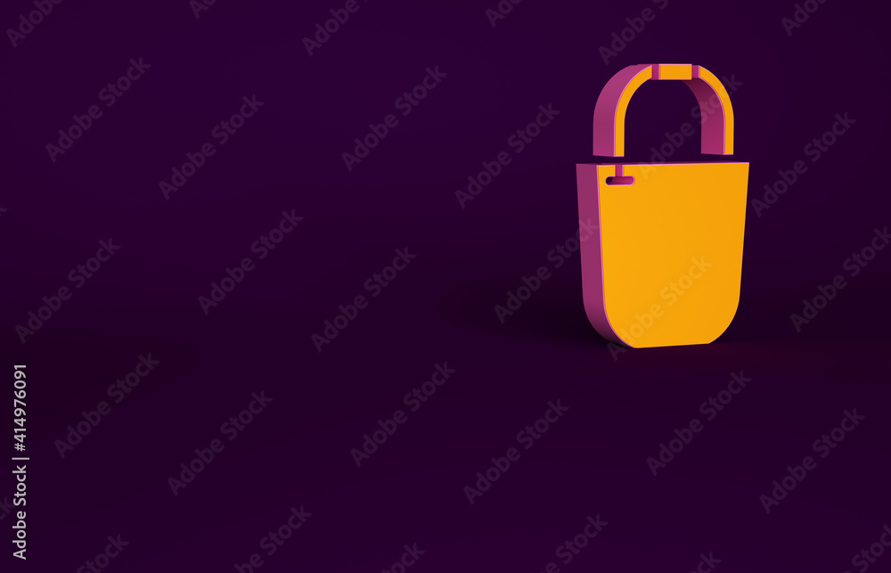 橙色水桶图标隔离在紫色背景上。极简主义概念。3d插图3d渲染。