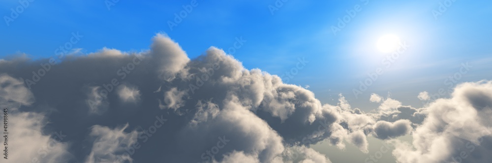 云和太阳，云中的太阳，蓝天上的云，云的全景，3D渲染