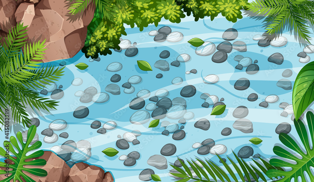 池塘中有石头的空中森林场景
