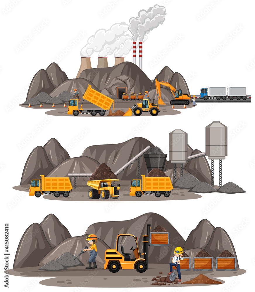 不同类型施工卡车的采煤现场
