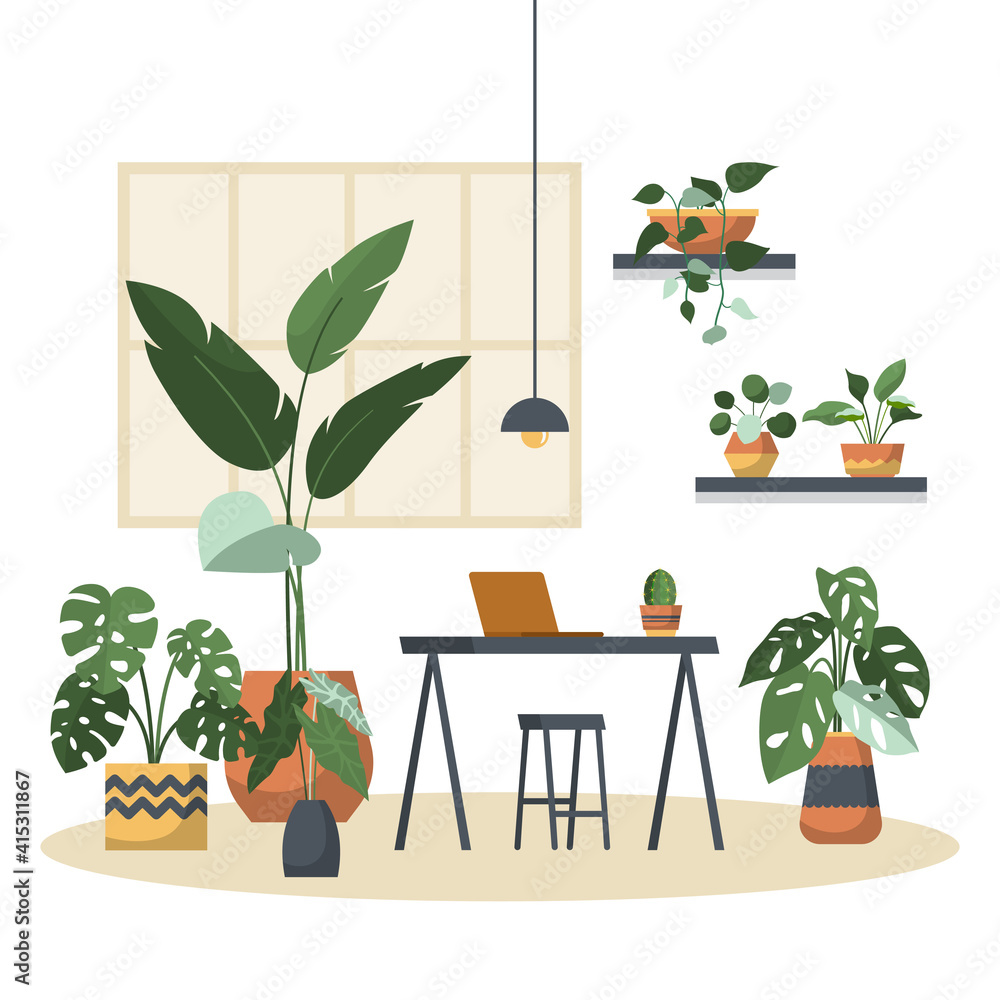 办公室工作区中的热带家庭植物绿色装饰植物插图