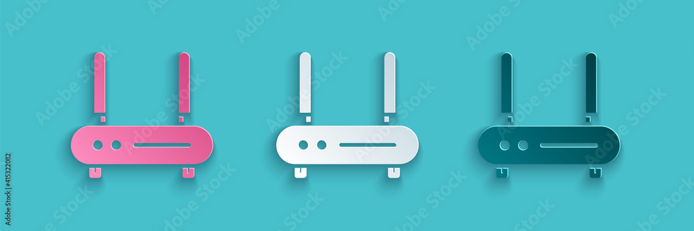 剪纸路由器和wi-fi信号图标在蓝色背景上隔离。无线以太网调制解调器路由器。