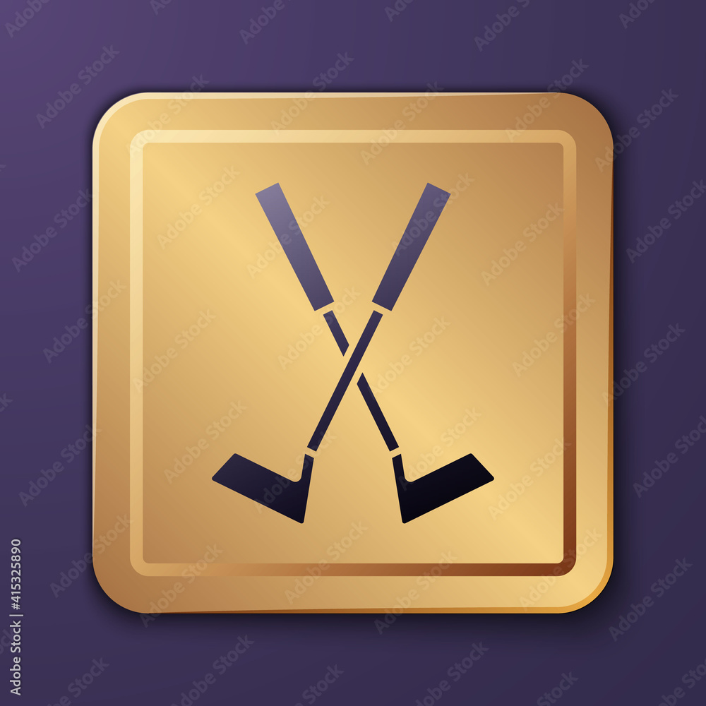 Purple Crossed golf club icon isolated on purple background. Gold square button. Vector.