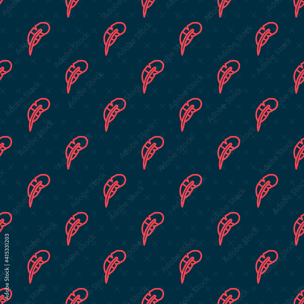 Red line Feather pen icon isolated seamless pattern on black background. Vector.
