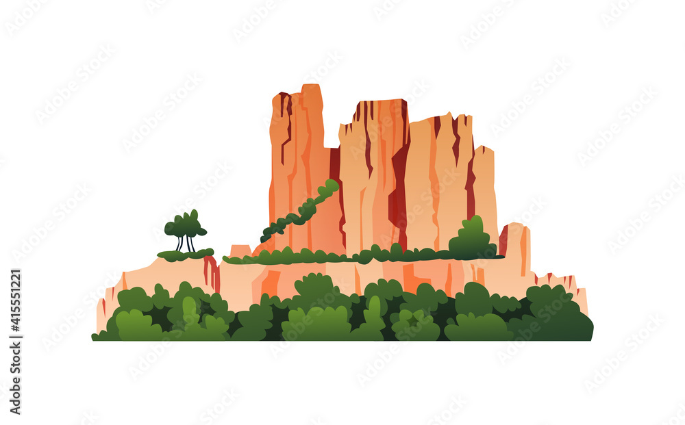 Mountain with vegetation, green trees on rocky cliffs, grass and bushes isolated cartoon icon. Vecto