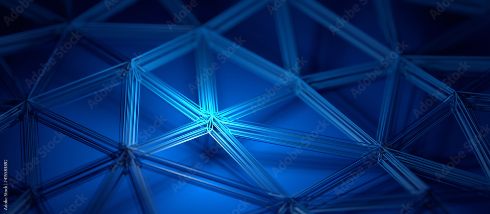 Abstract 3d render, blue background design with connected lines, network concept