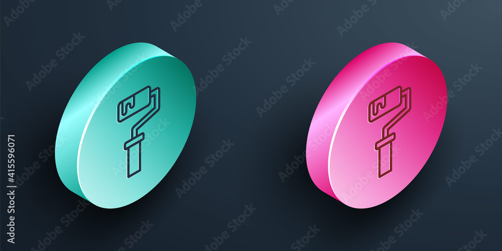 Isometric line Paint roller brush icon isolated on black background. Turquoise and pink circle butto