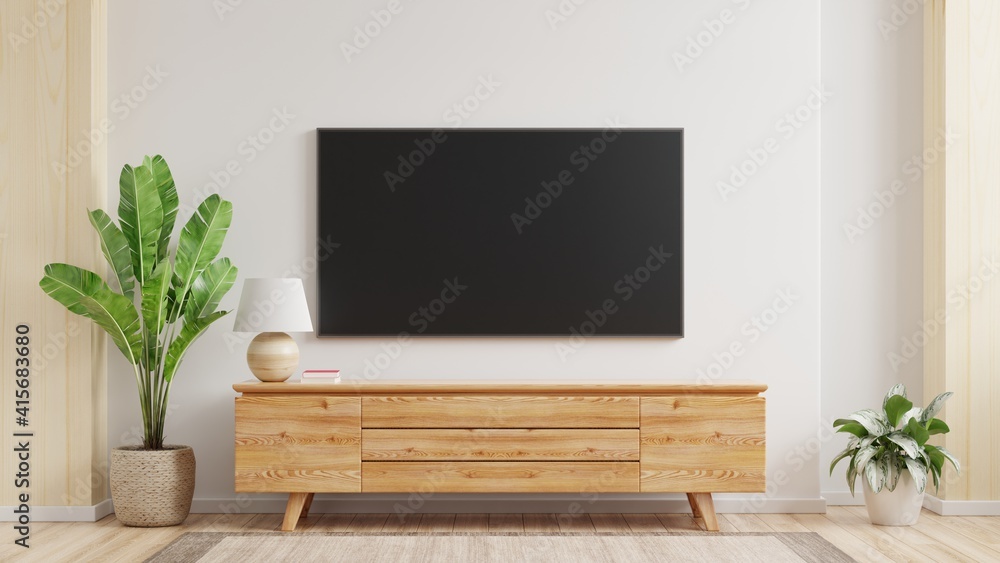 用白色墙壁模拟安装在客厅房间的电视墙。