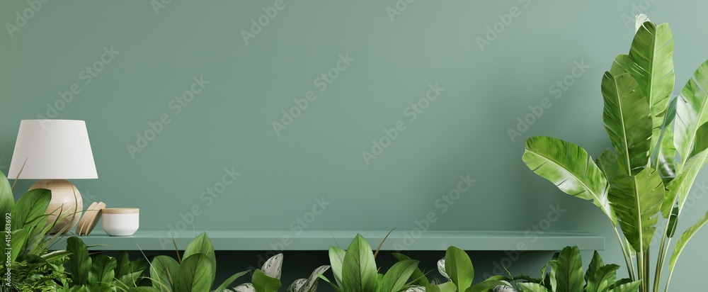 带绿色植物、绿色墙壁和架子的内墙实体模型。