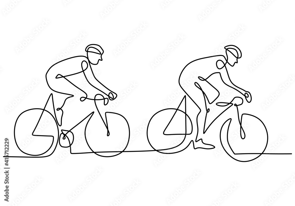 自行车赛道上年轻活力男子自行车赛的连续线条图。Racing cycli