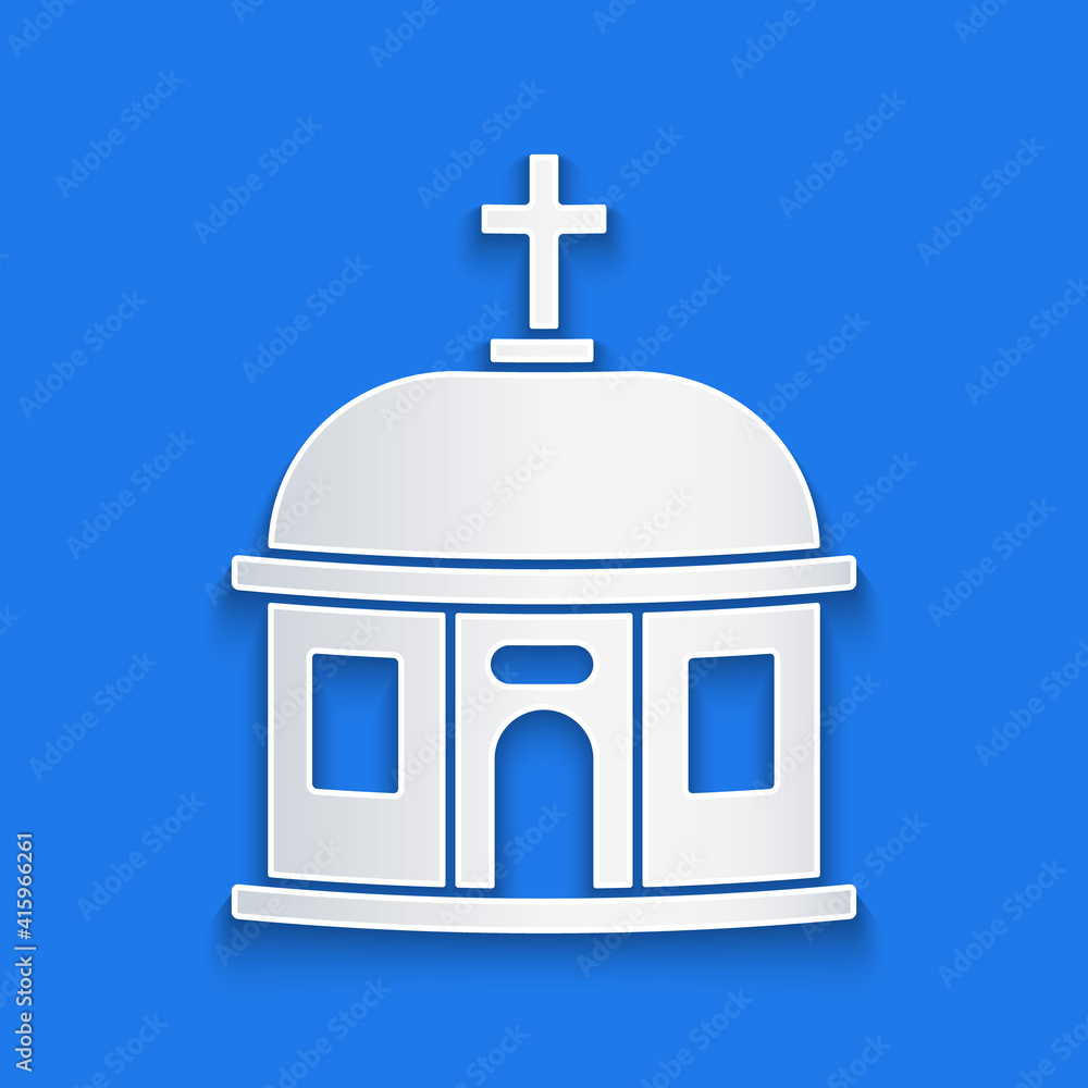 蓝色背景下的圣托里尼剪纸建筑图标。带b的传统希腊白房子