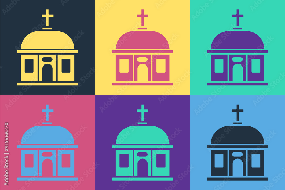 Pop art Santorini building icon isolated on color background. Traditional Greek white houses with bl