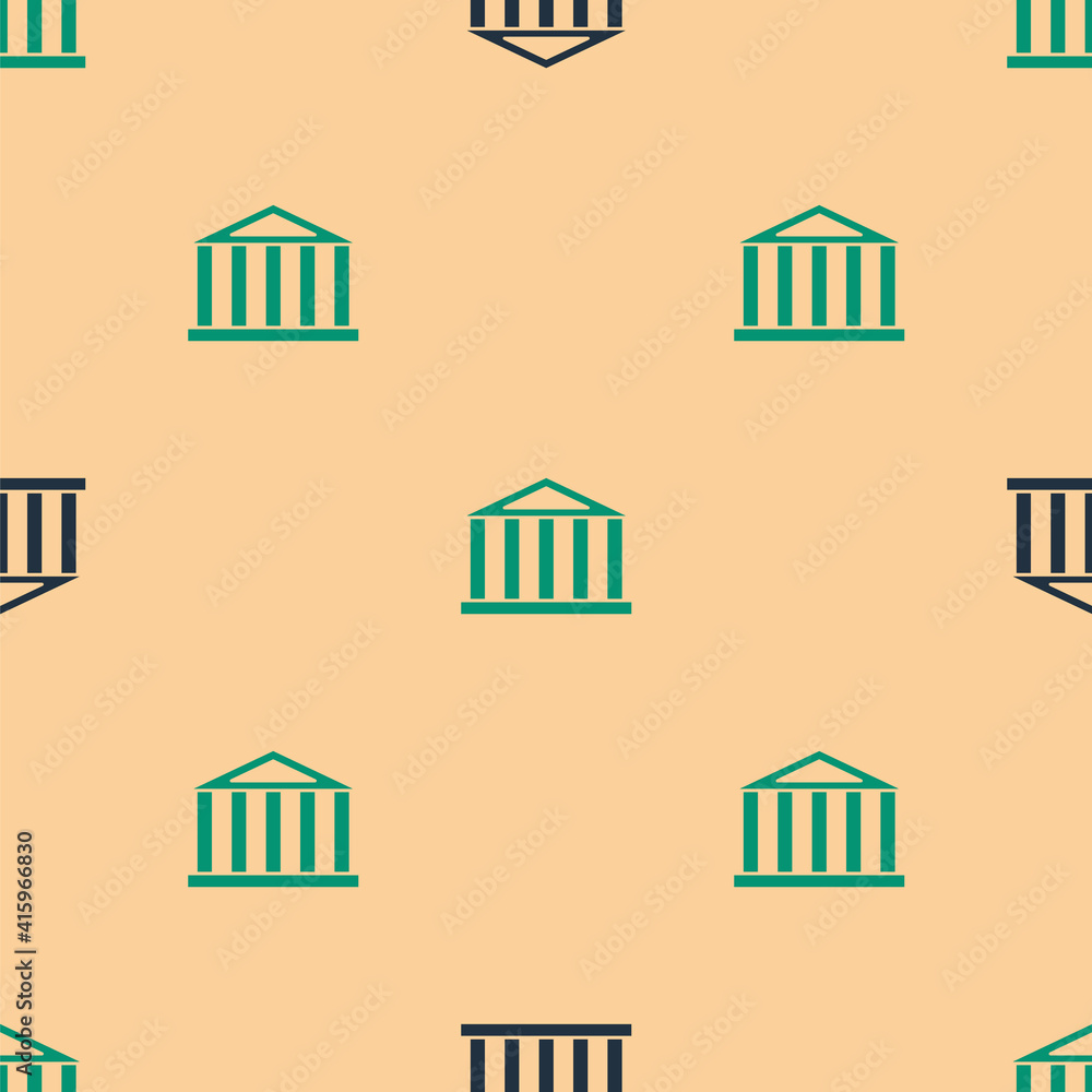 希腊雅典卫城的绿色和黑色帕特农神庙，米色背景上的独立无缝图案
