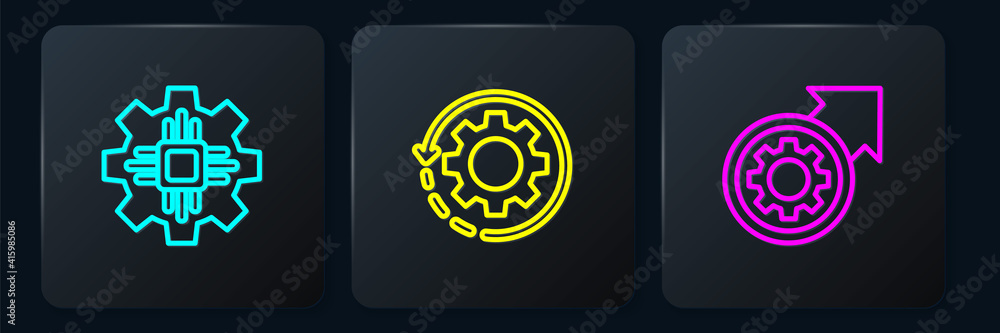 Set line Processor, Gear and arrows as workflow process and . Black square button. Vector.