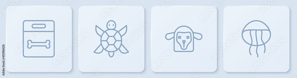 Set line Dog bone, Sheep head, Turtle and Jellyfish. White square button. Vector.