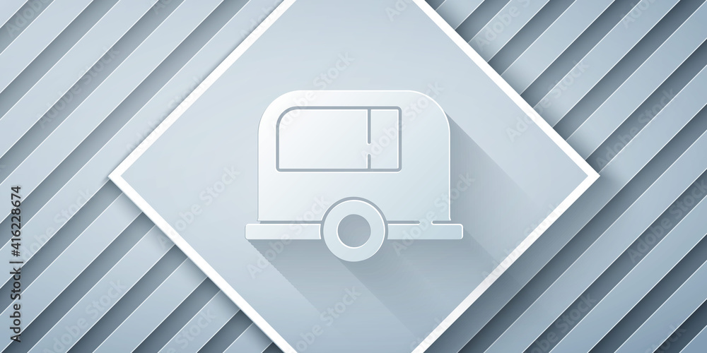 Paper cut Rv Camping trailer icon isolated on grey background. Travel mobile home, caravan, home cam