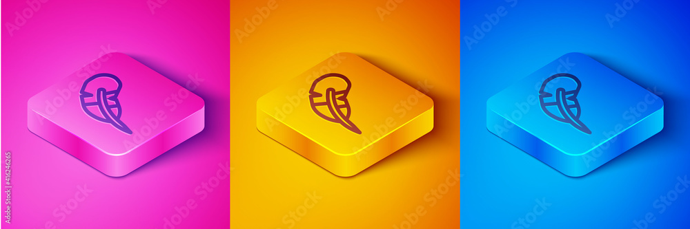 Isometric line Feather pen icon isolated on pink and orange, blue background. Square button. Vector.