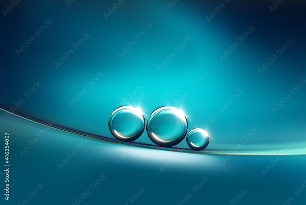 Abstract bright colorful background with drops of oil and water in blue and turquoise tones, macro. 