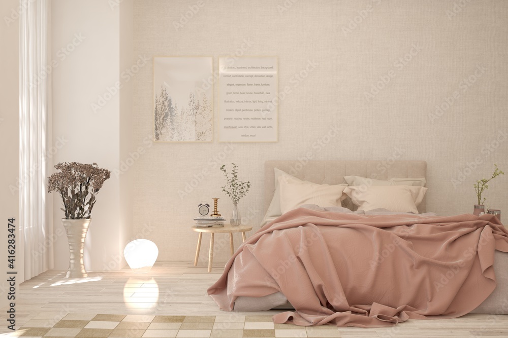 粉红色卧室内部。斯堪的纳维亚设计。3D插图