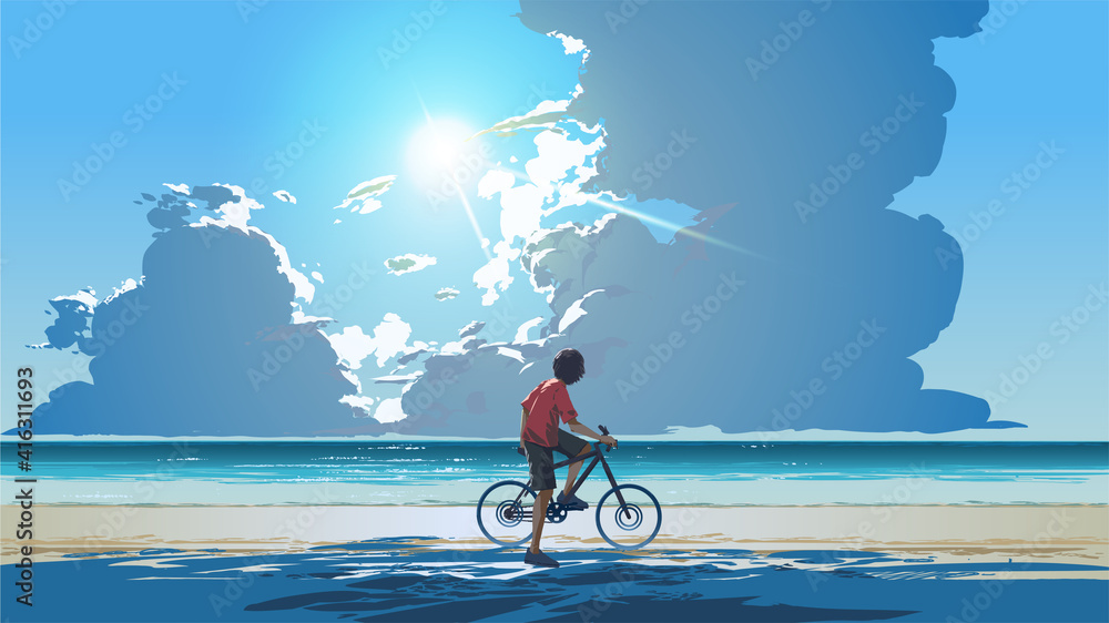夏日，一个年轻人坐在自行车上看海，矢量插图