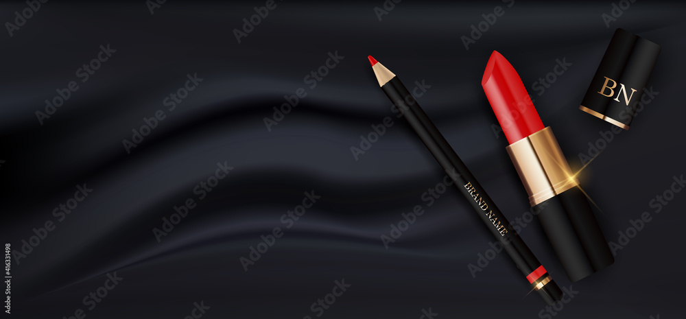 3D逼真红色口红和黑色丝绸铅笔时尚化妆品产品设计模板