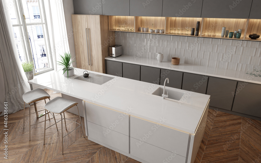 带厨房的现代房屋内部。3D渲染