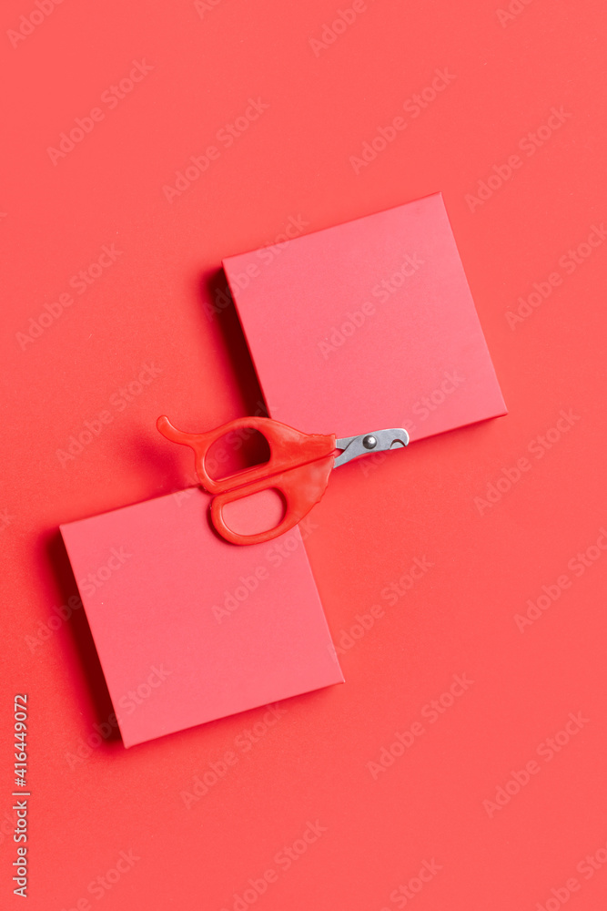 Creative composition with nail clipper for pet on color background