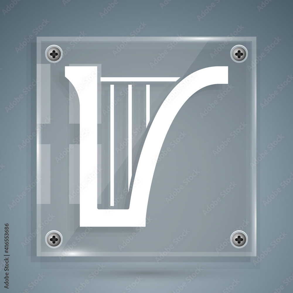 灰色背景上的白色竖琴图标。古典乐器，或赫斯特拉弦原声乐器