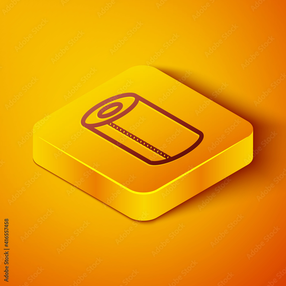 等距线橙色背景上隔离的纸巾卷图标。黄色方形按钮。矢量。