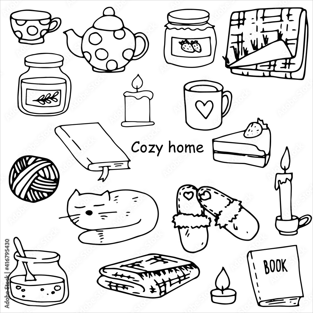 一组可爱的矢量涂鸦。舒适的家，家居用品。格子布、拖鞋、蜡烛、书籍、果酱