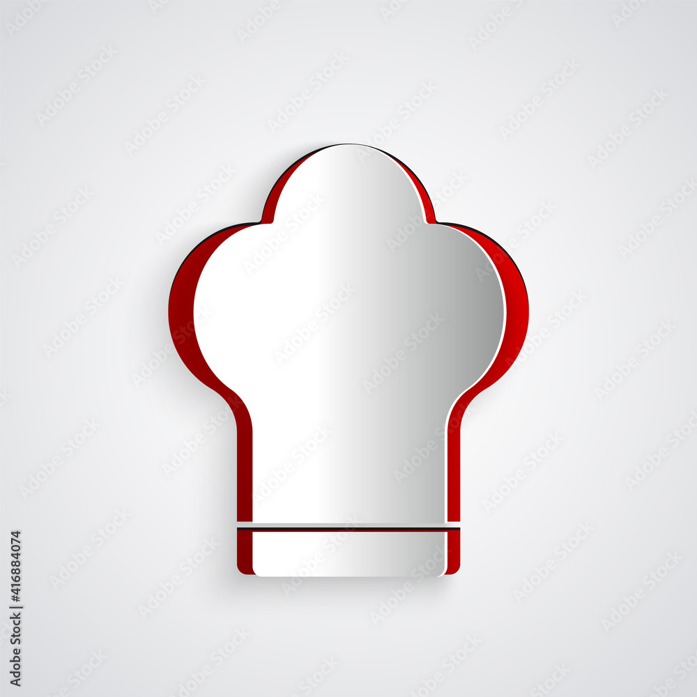 灰色背景上的剪纸厨师帽图标。烹饪符号。厨师帽。纸艺风格。Vec