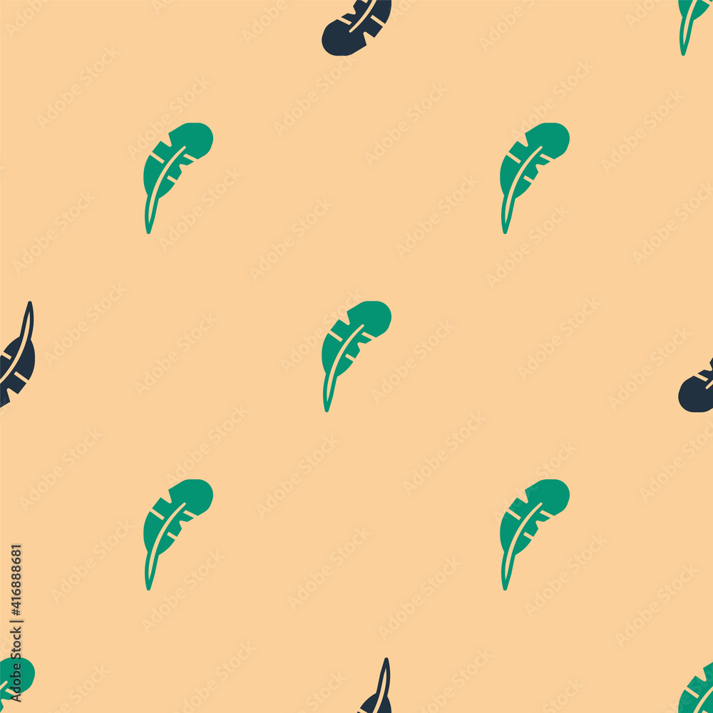 Green and black Feather pen icon isolated seamless pattern on beige background. Vector.