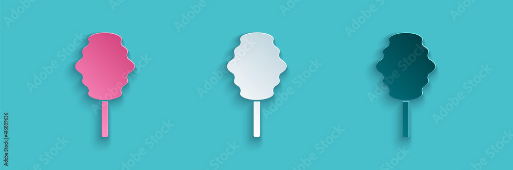 Paper cut Cotton candy icon isolated on blue background. Paper art style. Vector.