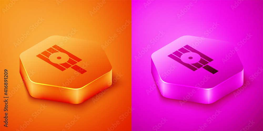 等距喷雾罐喷嘴帽图标隔离在橙色和粉色背景上。六边形按钮。矢量。
