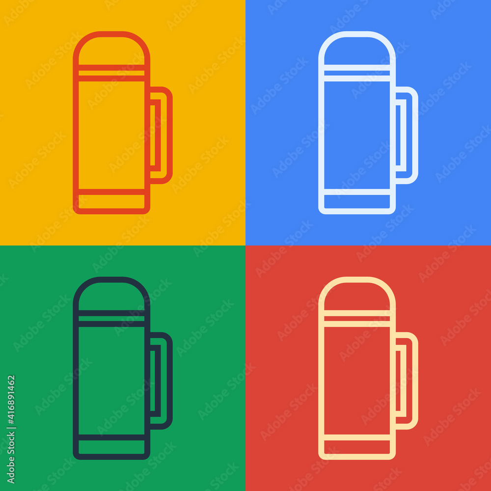 流行艺术线保温瓶容器图标隔离在彩色背景上。保温瓶图标。露营和徒步旅行