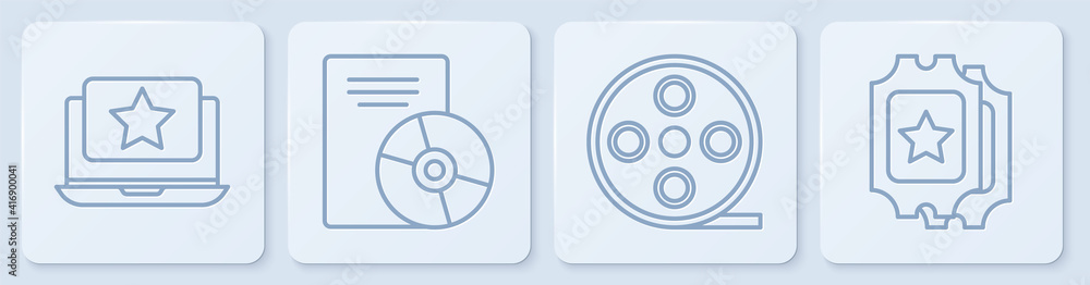 Set line Laptop with star, Film reel, CD or DVD disk and Cinema ticket. White square button. Vector.