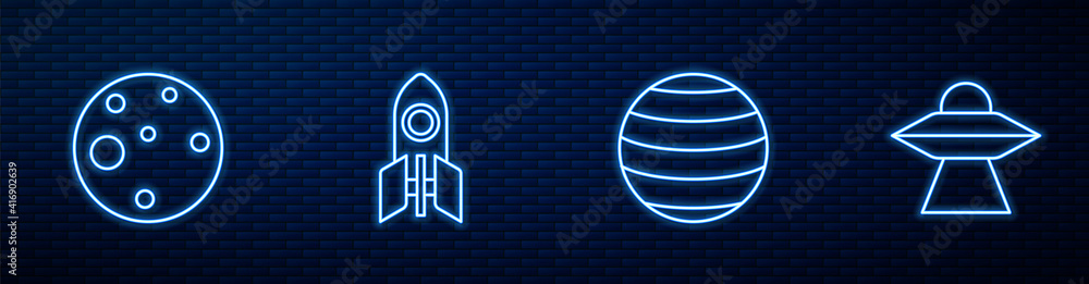 Set line Planet Venus, Mars, Rocket ship and UFO flying spaceship. Glowing neon icon on brick wall. 