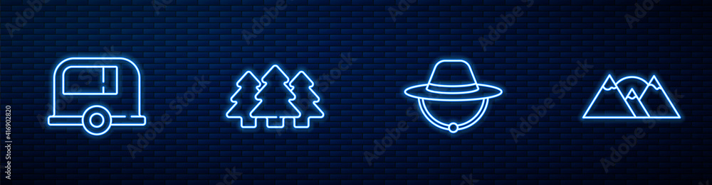 设置线露营帽，Rv拖车，森林和山脉。砖墙上闪闪发光的霓虹灯图标。矢量。