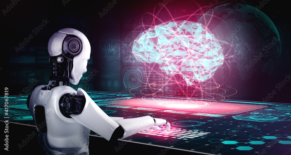 在人工智能思维大脑、人工智能的概念中，人形机器人使用笔记本电脑并坐在桌子旁