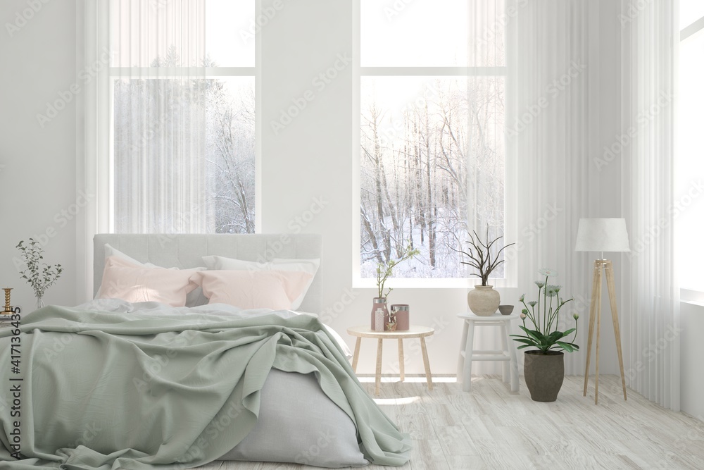 白色时尚卧室，窗户里有冬季景观。斯堪的纳维亚室内设计。3D ill