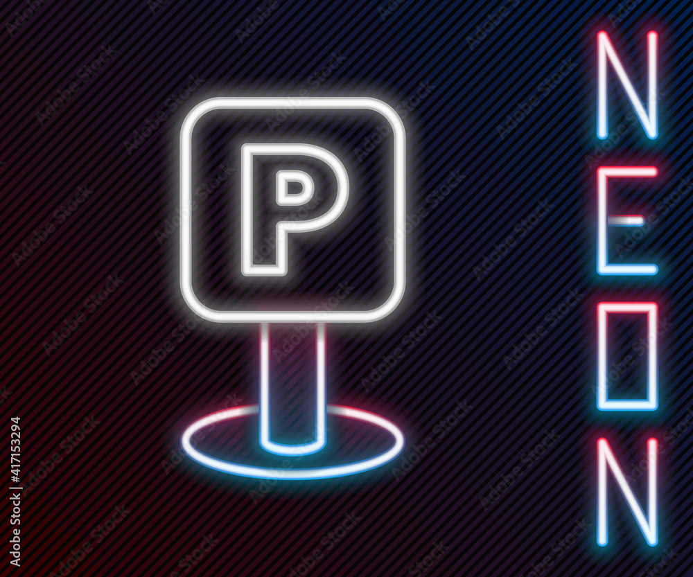 Glowing neon line Parking icon isolated on black background. Street road sign. Colorful outline conc