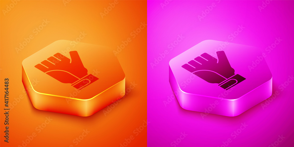 橙色和粉色背景上隔离的等距手套图标。极限运动。运动装备。六边形