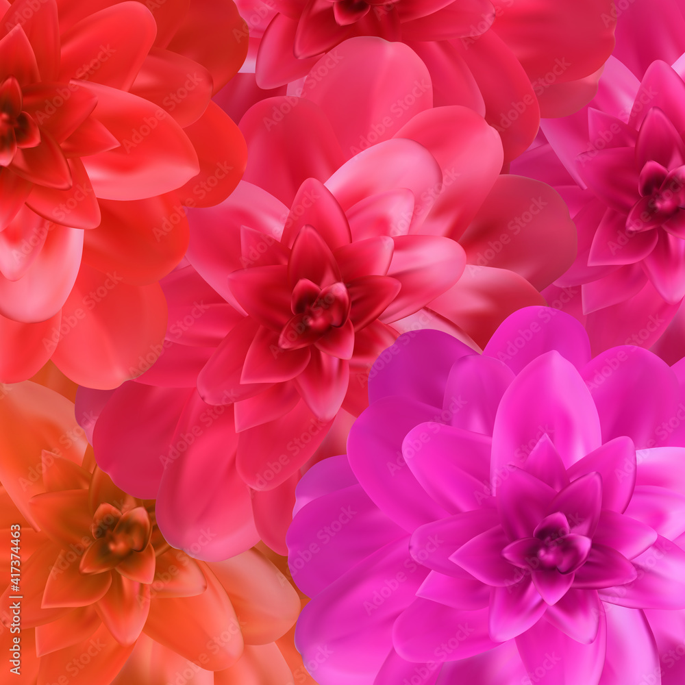 图案背景上五颜六色的自然花朵，粉红色、橙色、红色的山茶花。矢量III