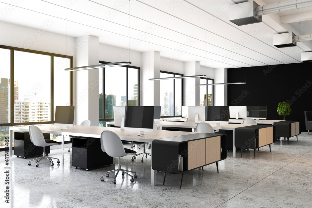 开放式办公室，配有现代木制家具、桌子上的电脑、光滑的地板和大窗户。