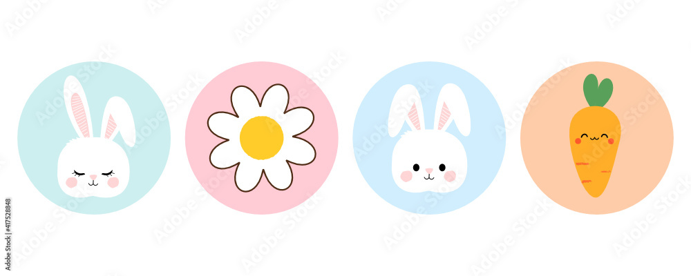 复活节兔子、菊花和胡萝卜图标设置在白色背景矢量插图上。