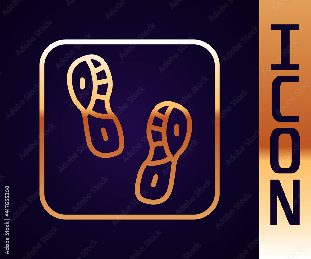 Gold line Human footprints shoes icon isolated on black background. Shoes sole. Vector.