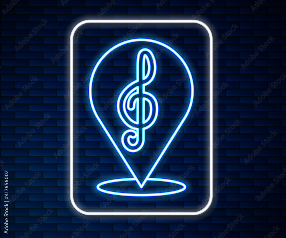 Glowing neon line Treble clef icon isolated on brick wall background. Vector.