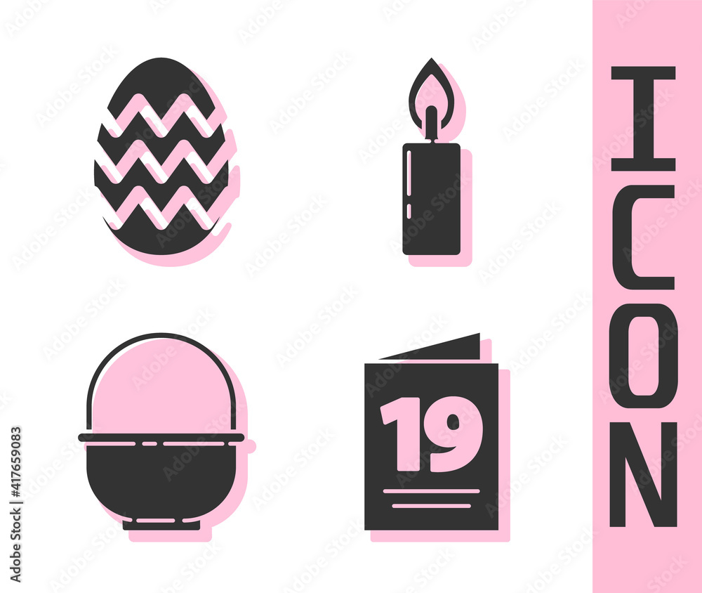 设置带有复活节快乐、复活节彩蛋、篮子和燃烧蜡烛图标的贺卡。矢量。