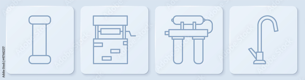 Set line Industry metallic pipe, Water filter, Well and Water tap. White square button. Vector.