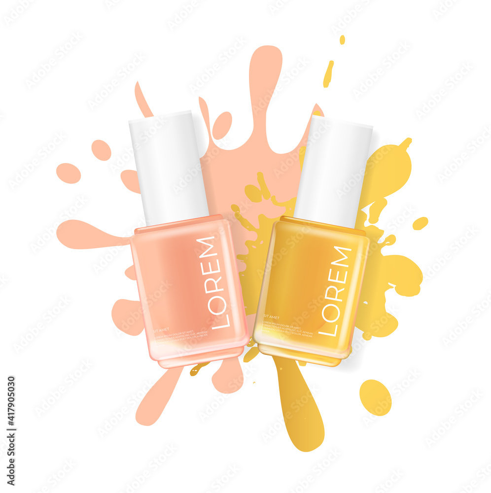 Nail polish with splash on a white background. cosmetic product template for advertisement, magazine